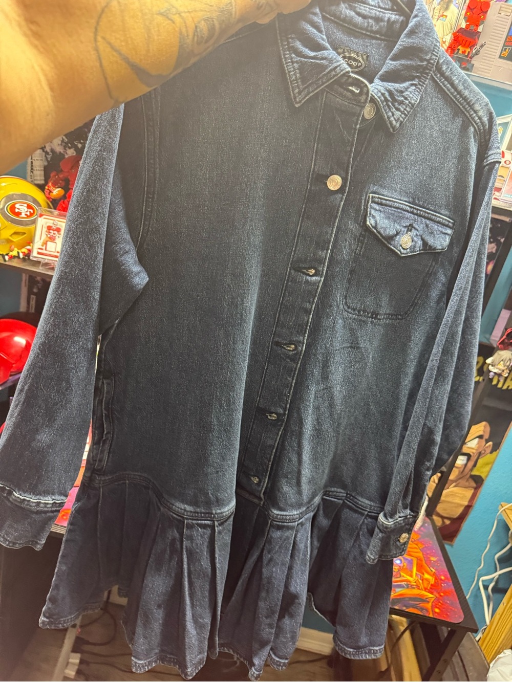 Washed Black Denim Button-Front Midi Dress